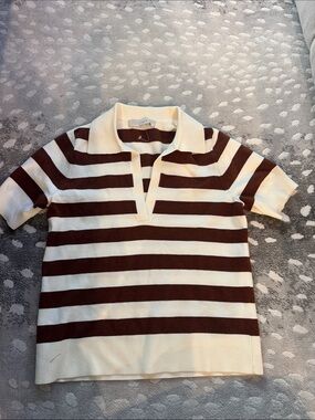 LOFT Brown and Cream Striped Short-Sleeve Polo